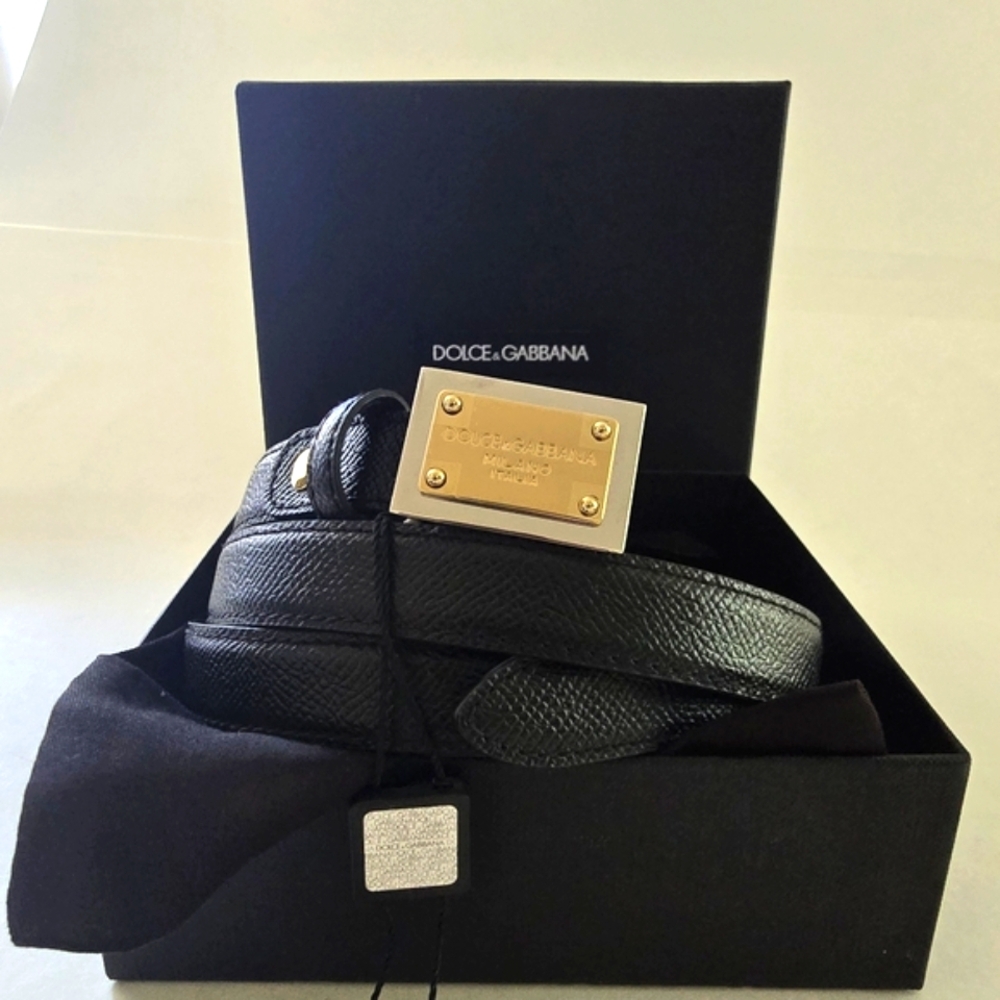 Dolce & Gabbana Black Leather Belt with Gold Buckle